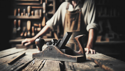 Close-up of a well-used wood planer on a rustic workbench, blurred figure of a craftsman - obrazy, fototapety, plakaty