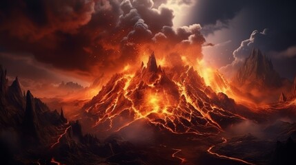 3D Realistic scrolls illustration on a large volcano erupting hot lava