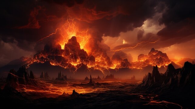 3D Realistic scrolls illustration on a large volcano erupting hot lava