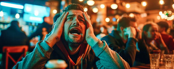 photo of the emotions of football fans in a sports bar, saddened by a goal scored