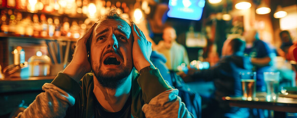 close-up photo of the emotions of football fans in a sports bar, saddened by a goal scored
