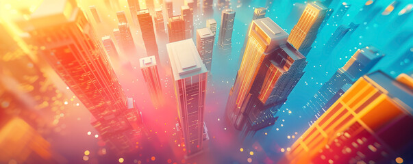 Panoramic abstract illustration view to a city on sunset. Concept of background and banner.