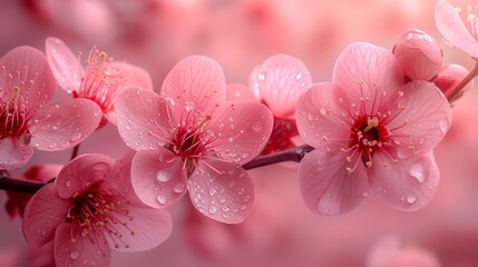   A pink background bears a tight shot of pink flowers, each petal touched by water droplets, the background softly blurred