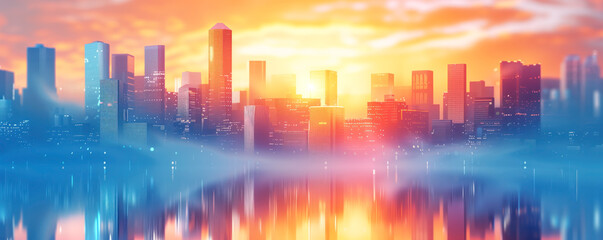 Fototapeta na wymiar Panoramic abstract illustration view to a city on sunset. Concept of background and banner.