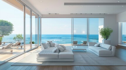 Sunny modern, luxury home showcase interior living room open to ocean view. 3D rendering. Generative AI
