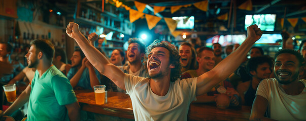happy smiling emotions of football fans in a sports bar celebrating a goal scored