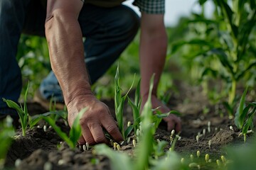 Farmer checks corn sprouts closeup, farmer in the field closeup, farmer and crop closeup, farmer checking plants in the field closeup, farmer hand and plants closeup,  plantation closeup, tree plant
