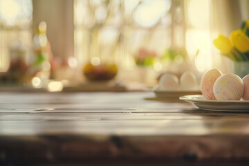 Obraz na płótnie Canvas A closeup of an Easter table with eggs on plates and a blurred background, with sunlight streaming through the window to create a warm atmosphere for product display of easter decorations.