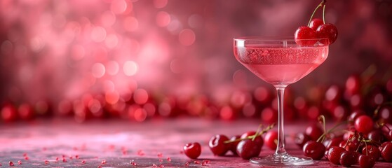   A tight shot of a wine glass filled with liquid, accompanied by a backdrop of plump cherries - obrazy, fototapety, plakaty
