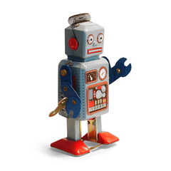 futuristic tin sci-fi robot toy from the 1950s in retro vintage style, with transparent background and shadow