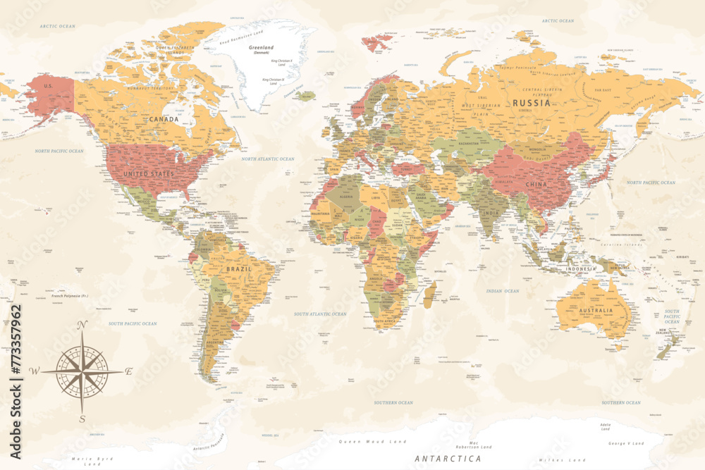 Wall mural world map - highly detailed vector map of the world. ideally for the print posters. warm vintage col