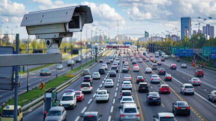 On the Ring Road, a speed camera monitors traffic, enforcing safety measures for highway compliance. Invest in road safety. - obrazy, fototapety, plakaty