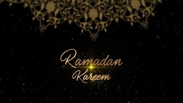 Ramadan Kareem Golden Text animation. Eid Mubarak Logo animation black background. Ramadan Kareem celebration in Muslim community.EID Mubarak Video animation and wishes Islamic holy month celebration