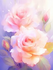 Blooming roses, delicate petals, close-up, twilight, soft lighting, romantic atmospherewatercolor tone, pastel, 3D Animator