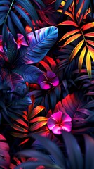 Dark tropical palm leaves and flowers with neon lighting and highlights.