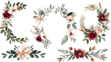 A collection of watercolor floral wreath border bouquet frames with green leaves - obrazy, fototapety, plakaty