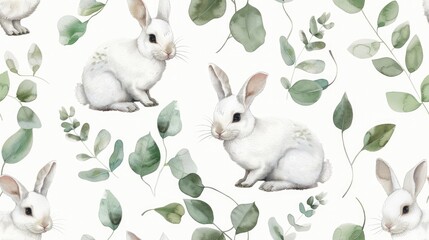 Watercolor Seamless Pattern of Cute White Rabbits and Leaves on a White Background