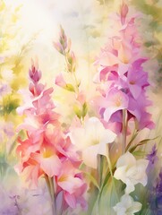 Cottage garden, mixed flowers, soft sunlight, medium shot, tranquil mood, pastel palettewatercolor tone, pastel, 3D Animator