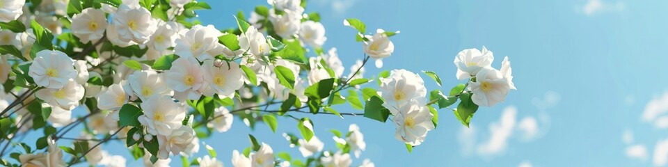 A sunny day, White beautiful flowers with a clear blue sky background.