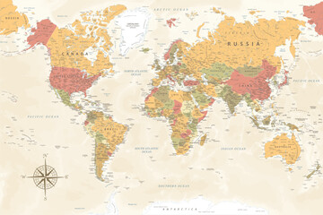 World Map - Highly Detailed Vector Map of the World. Ideally for the Print Posters. Warm Vintage Colors. Retro Style - obrazy, fototapety, plakaty