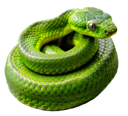 Green poisonous snake curled up in a ball isolated on a transparent or white background