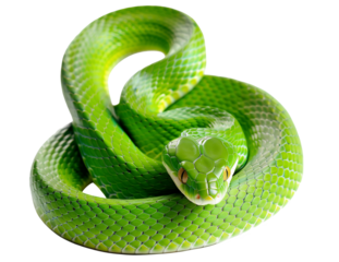 Green poisonous snake with yellow eyes curled up in a ball isolated on transparent or white background. Large-eyed Pit Viper or Trimeresurus macrops coiling