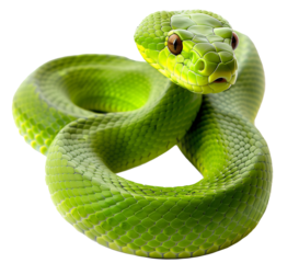 Green poisonous snake curled up in a ball isolated on a transparent or white background