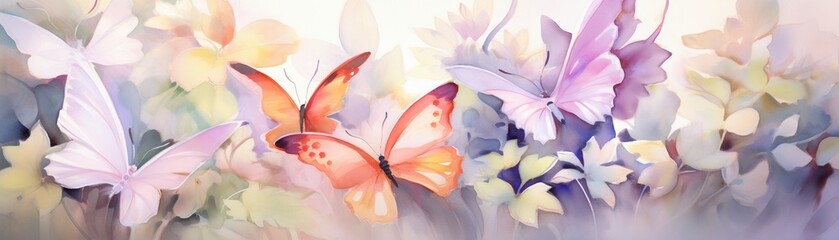 Group of butterflies, garden setting, medium shot, soft shadows, peaceful, colorfulwatercolor tone, pastel, 3D Animator