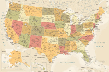 United States - Highly Detailed Vector Map of the USA. Ideally for the Print Posters. Warm Vintage Colors. Retro Style - obrazy, fototapety, plakaty