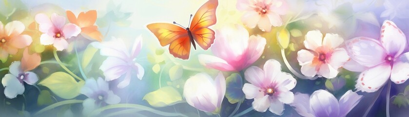 Group of butterflies, garden setting, medium shot, soft shadows, peaceful, colorfulwatercolor tone, pastel, 3D Animator