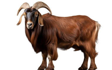 A regal brown goat with long horns standing gracefully on a white background