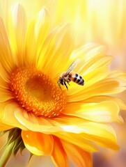 Honeybee on sunflower, macro lens, sharp detail, golden light, natural setting, vividwatercolor tone, pastel, 3D Animator