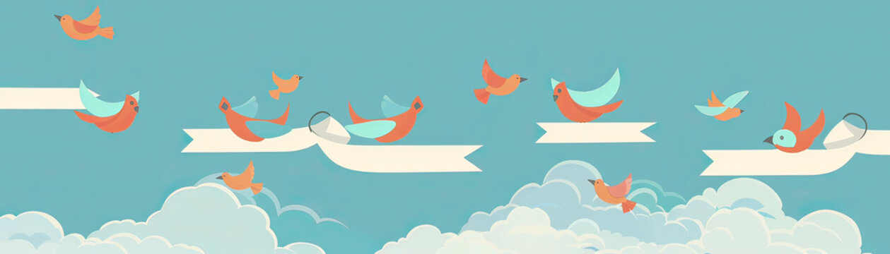 Flock of cartoon birds carrying a banner across the sky, space for inspirational quotes