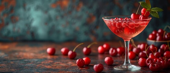   A tight shot of a wine glass holding a beverage, accompanied by a cluster of cherries nearby - obrazy, fototapety, plakaty