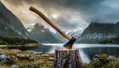 A lumberjacks classic axe stuck in a stump against the backdrop of the beautiful nature landscape