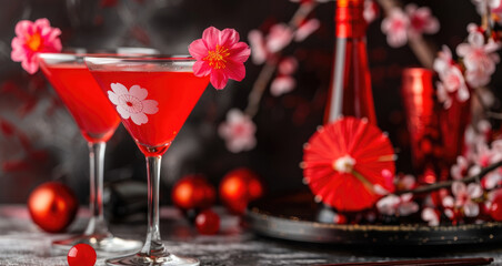 horizontal banner, celebration of the Founding Day of the State of Japan, refreshing cocktails in the color of the flag of Japan, culture of Japan, sakura flowers