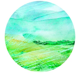 Foto op Plexiglas Watercolor field, meadow, countryside card. Watercolor illustration of a summer landscape with clouds and grass field meadow. Painted landscape background.Drawing with watercolors and pastels, bright © helgafo
