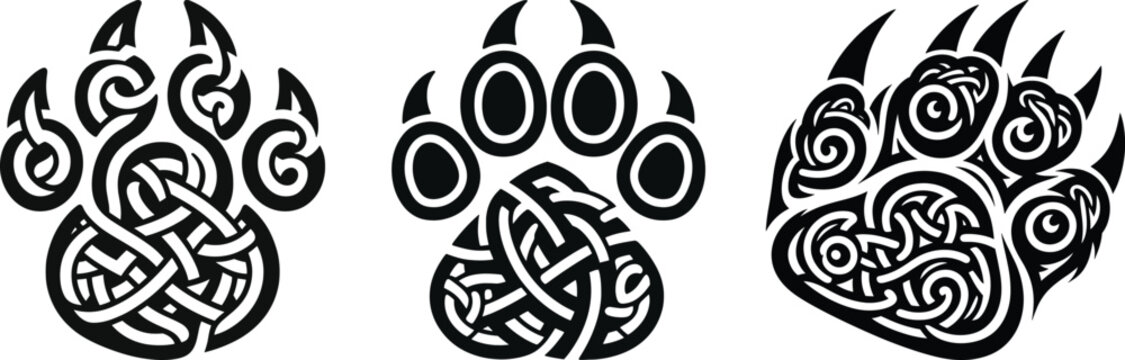 Bear paw set of nordic symbol. Celtic interlaced pattern isolated vector. Nordic symbol. Celtic knot vector illustration. Viking decorative element.