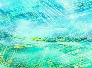Photo sur Plexiglas Corail vert Watercolor field, meadow, countryside card. Watercolor illustration of a summer landscape with clouds and grass field meadow. Painted landscape background.Drawing with watercolors and pastels, bright