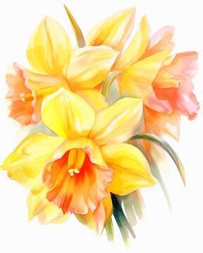 Watercolor illustration of Daffodil clipart, March birth flower, bright yellow, isolate on white background, signifying new beginnings and prosperity.watercolor tone, pastel, 3D Animator