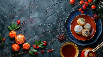 horizontal banner, celebration of the Founding Day of the State of Japan, traditional Japanese sweets, national Japanese cuisine, dark background, top view, copy space, free space for text - obrazy, fototapety, plakaty