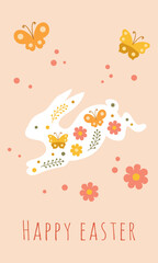 Template for a social media story on the theme of Easter sales with the Easter bunny, butterflies and flowers. Vector illustration on beige background