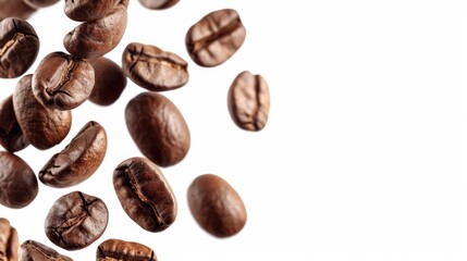 Naklejka premium Flying roasted coffee beans isolated on white background with free place for text. Banner for restaurants, cafe, menu design