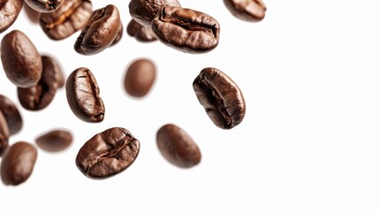 Obraz premium Flying roasted coffee beans isolated on white background with free place for text. Banner for restaurants, cafe, menu design