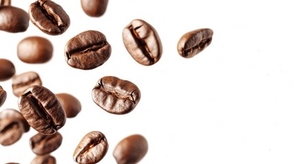 Flying roasted coffee beans isolated on white background with free place for text. Banner for restaurants, cafe, menu design