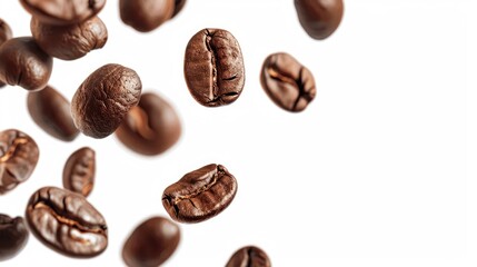 Flying roasted coffee beans isolated on white background with free place for text. Banner for restaurants, cafe, menu design