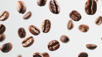 Flying roasted coffee beans isolated on white background. Banner for restaurants, cafe, menu design