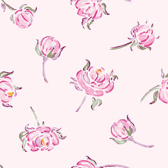 Seamless Pattern of Pink Roses. Rose Flower. Flowers and Leaves. Vintage Floral Background. Vector illustration