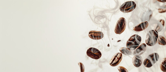 Fototapeta premium Flying roasted coffee beans with smoke isolated on white background with free place for text. Banner for restaurants, cafe, menu design