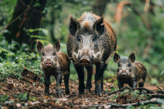 Picture a tranquil forest scene where a wild boar family, accompanied by their precious baby, explores their lush surroundings.